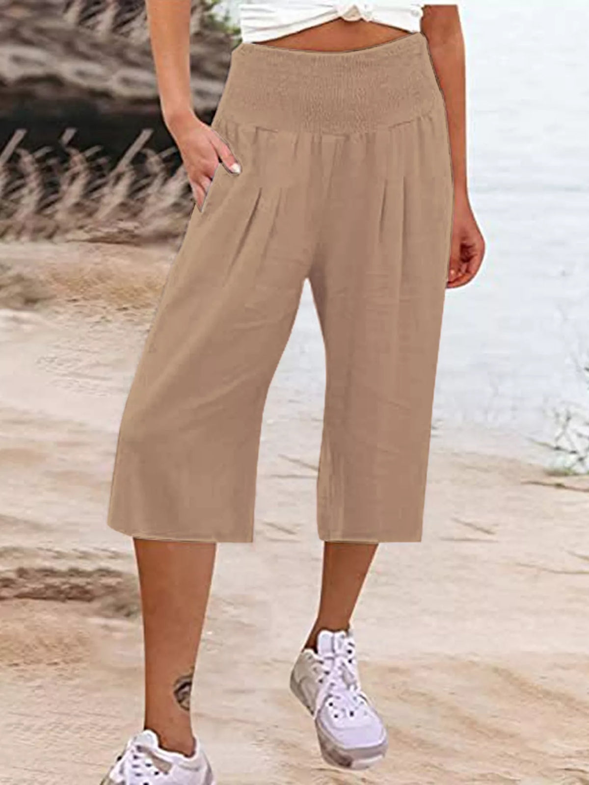 Smocked Wide-Leg Capri Pants