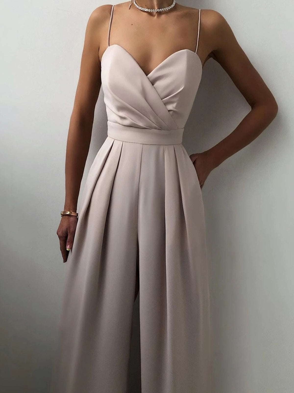 Ruched Wide Leg Jumpsuit with Spaghetti Straps