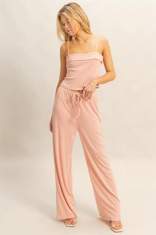 Hyfve Rib Knit Cami Top and Pants Set in Peach