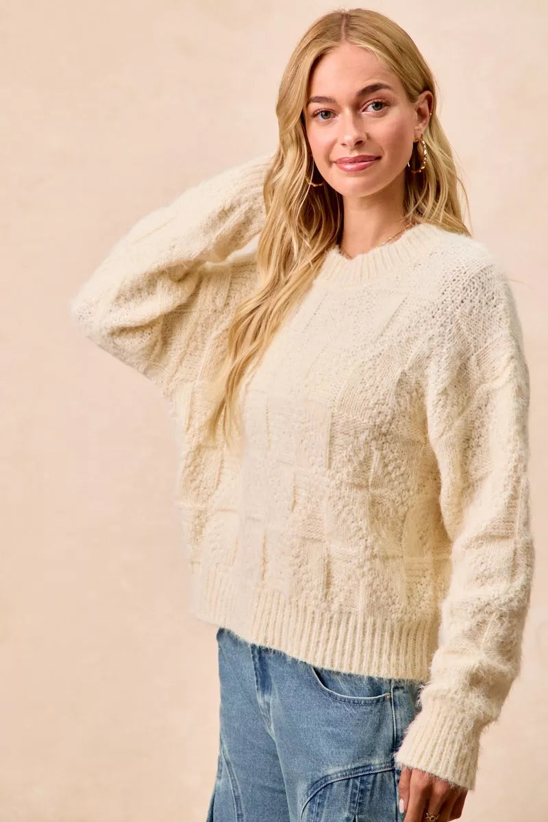 Checkerboard Drop Shoulder Sweater in Ivory by BiBi