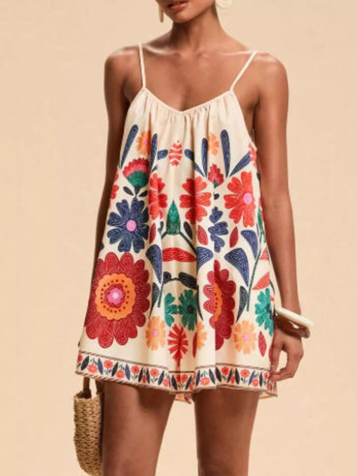 Floral Print Tied Romper in Red