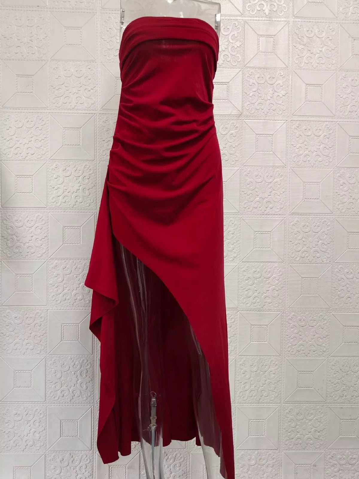 Strapless Ruffled High-Slit Maxi Dress