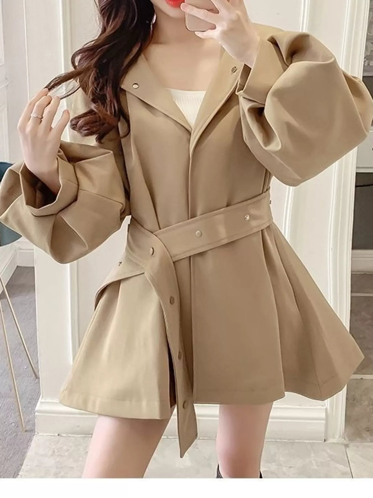 Lantern Sleeve Hooded Jacket with Belted Waist