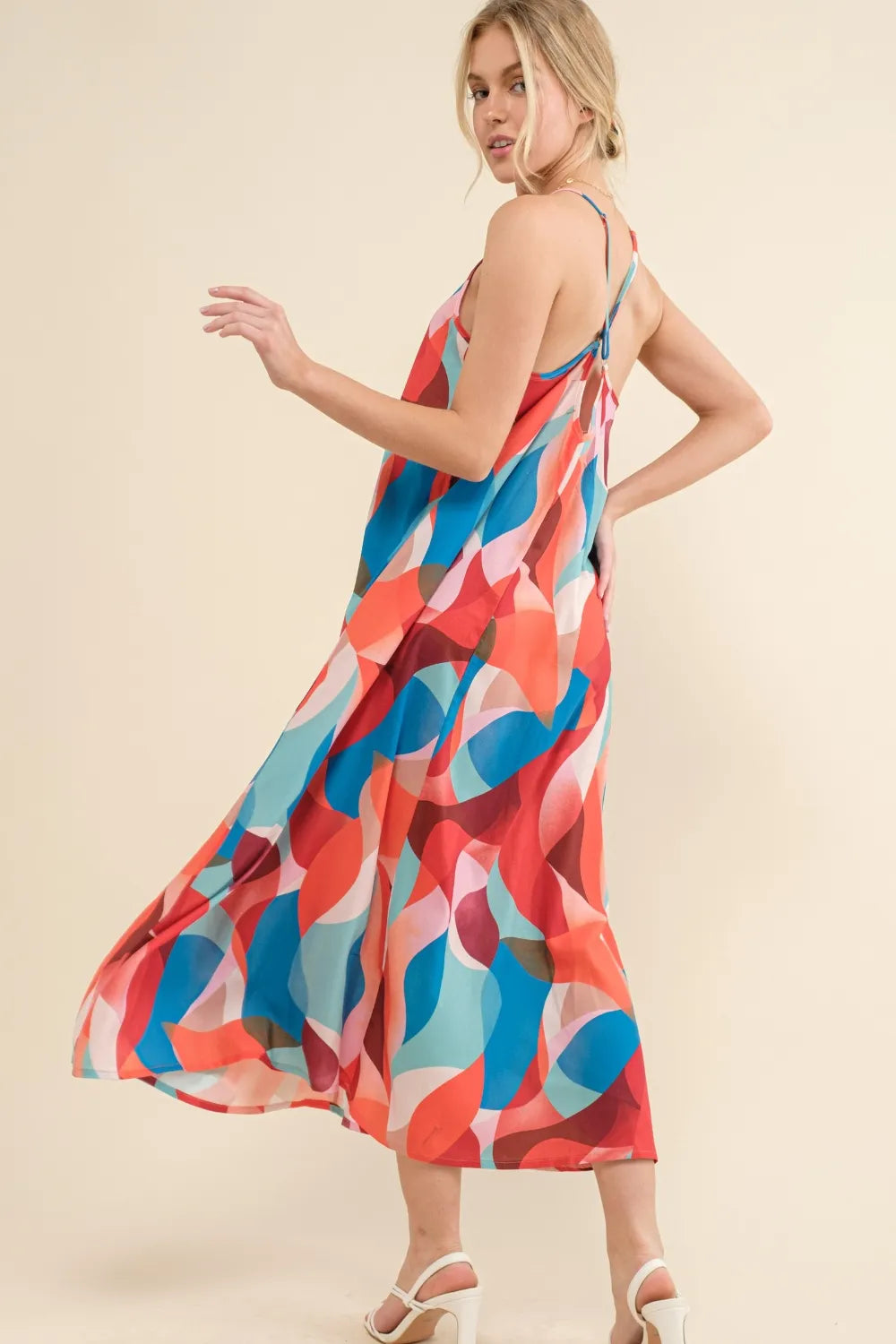 And The Why Printed Crisscross Back Cami Dress in Blue Multi