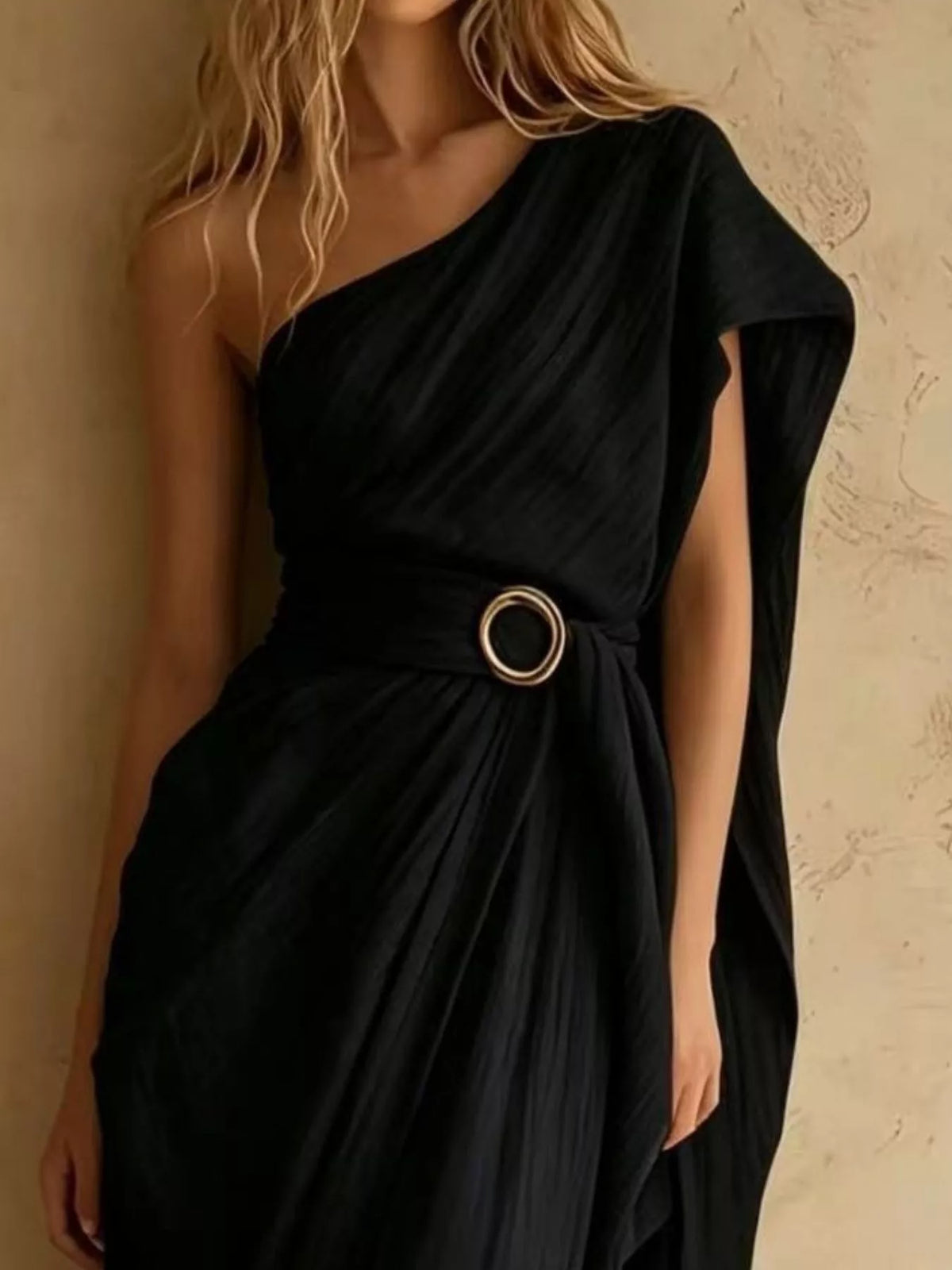 One-Shoulder Draped Maxi Dress with Waist Buckle