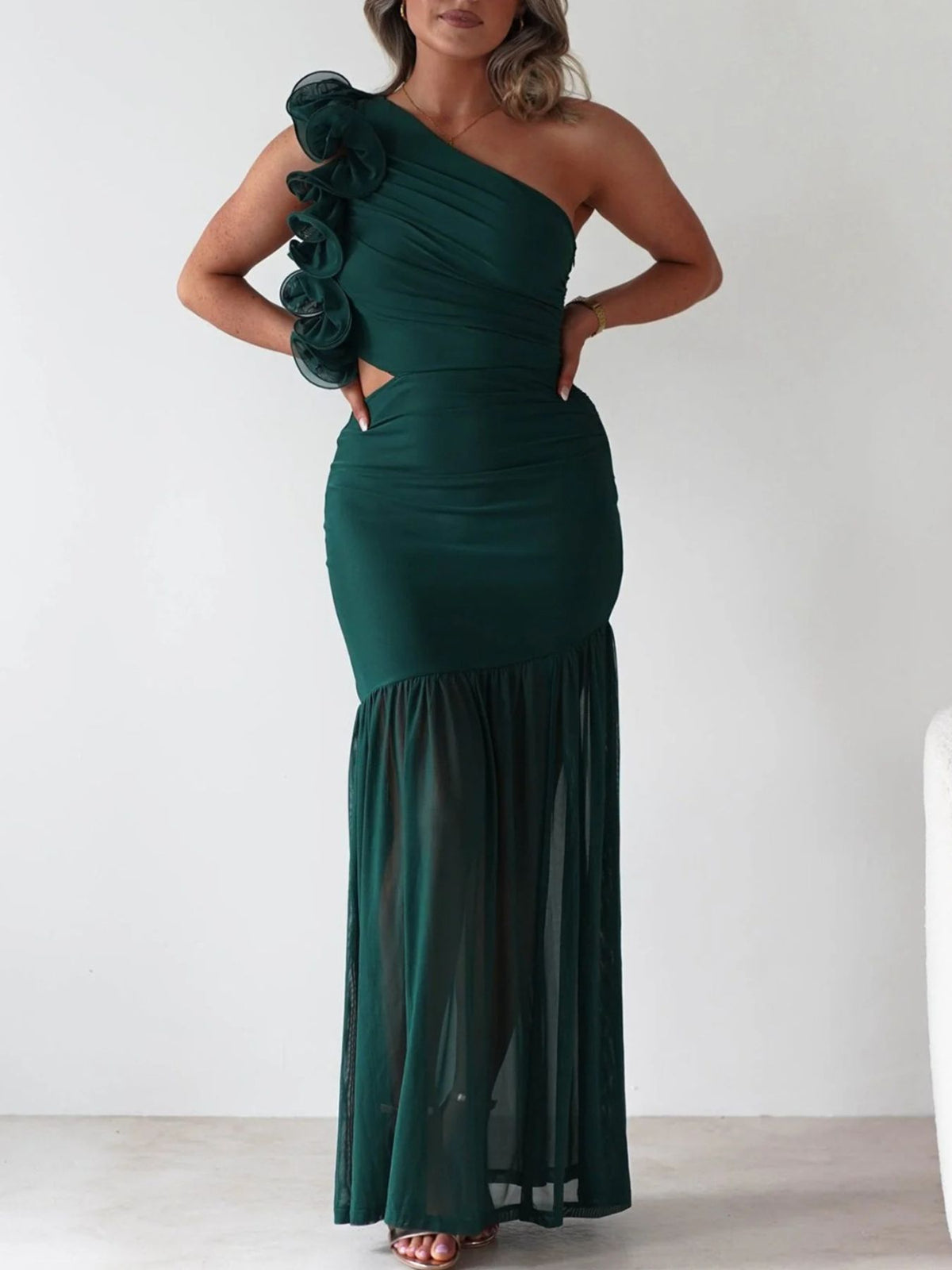 One-Shoulder Ruffle Trim Maxi Dress