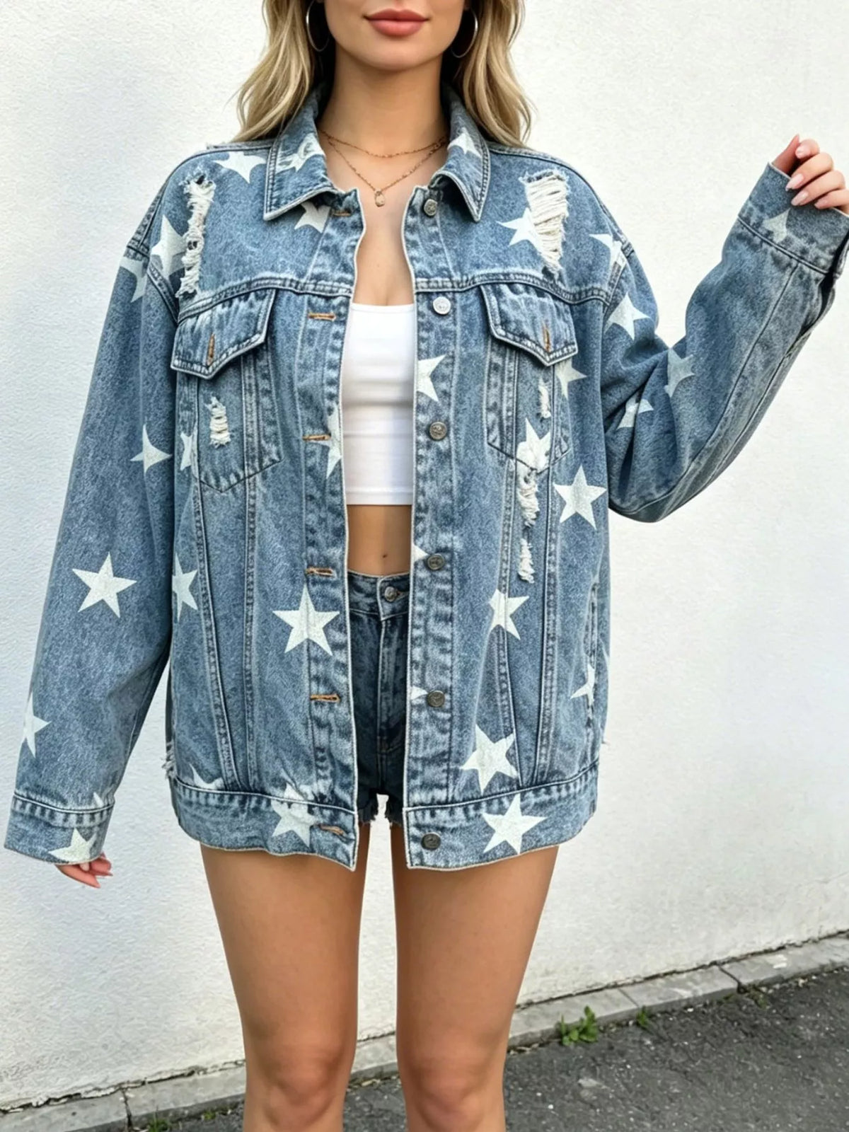 Star Print Distressed Denim Jacket in Light Blue