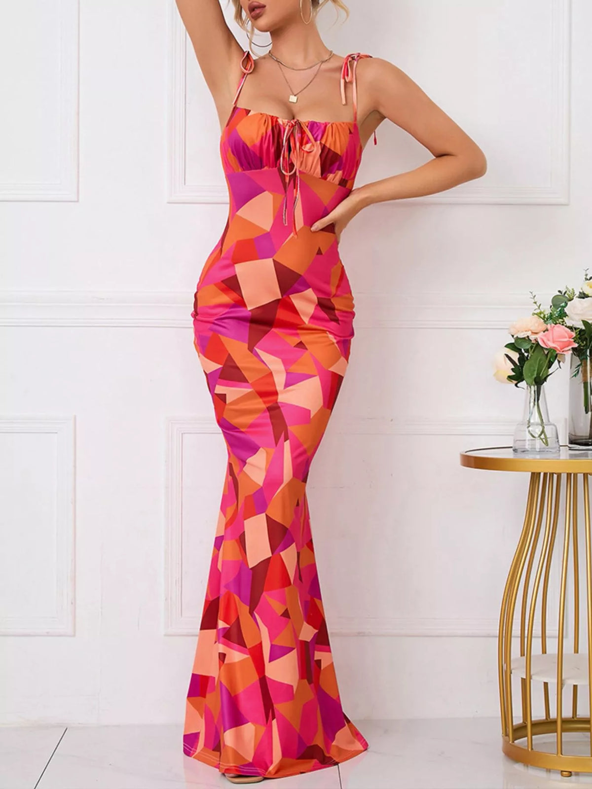 Floral Print Tie Strap Bodycon Maxi Dress by Calliope