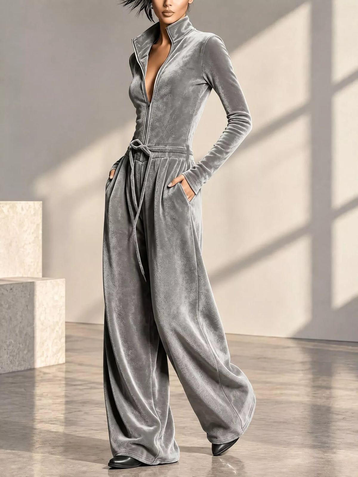 Velour Zip-Front Wide-Leg Jumpsuit in Gray