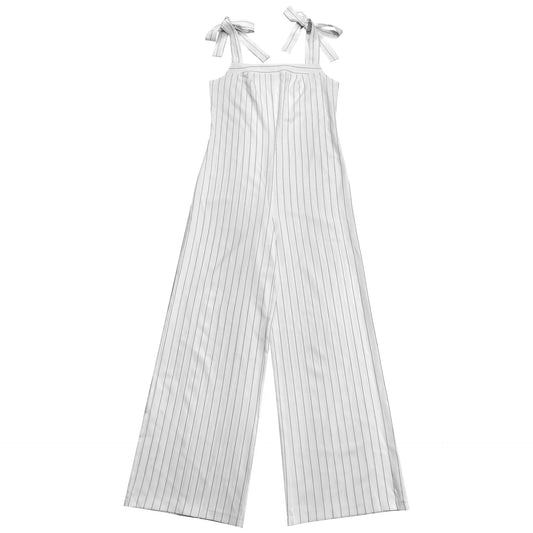 Striped Tie-Shoulder Wide-Leg Jumpsuit in White