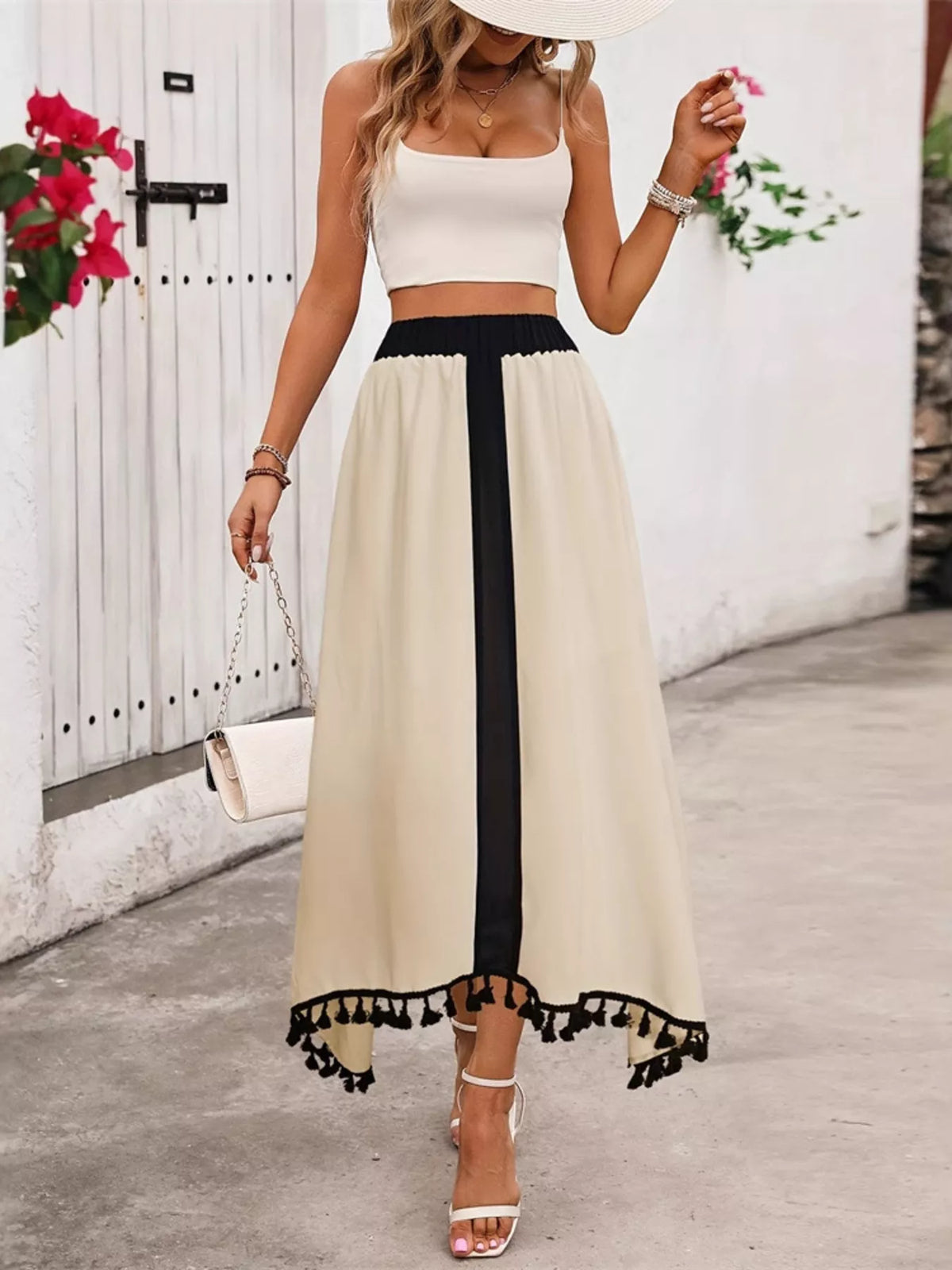 High-Waist Tassel Trim Skirt in Cream