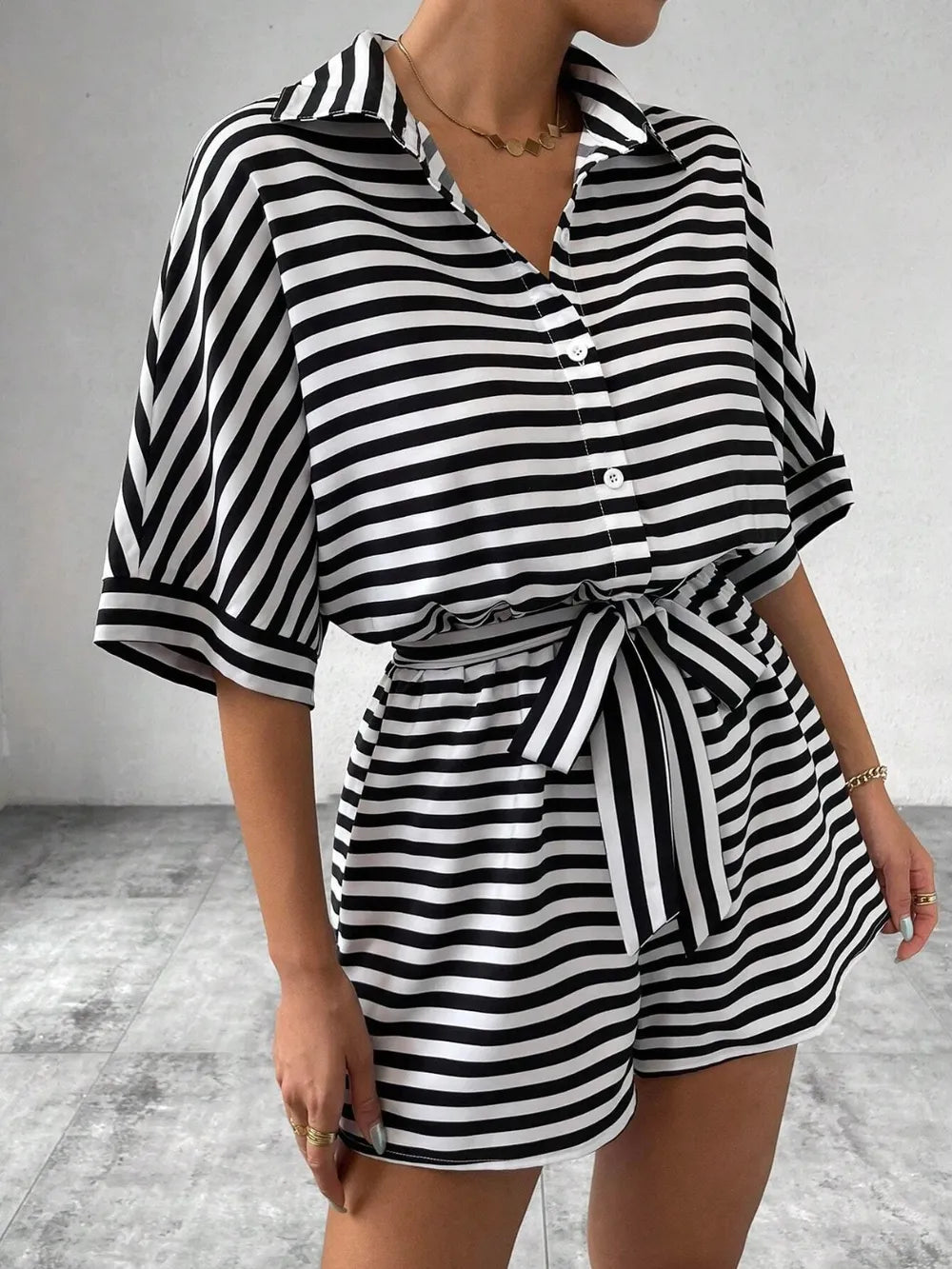 Half-Button Tie Waist Striped Romper