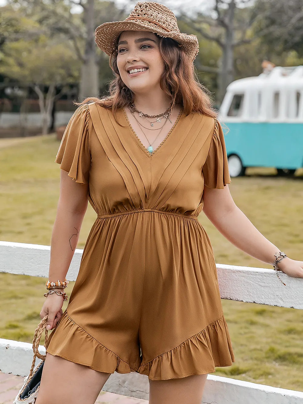Ruffled V-Neck Romper in Caramel