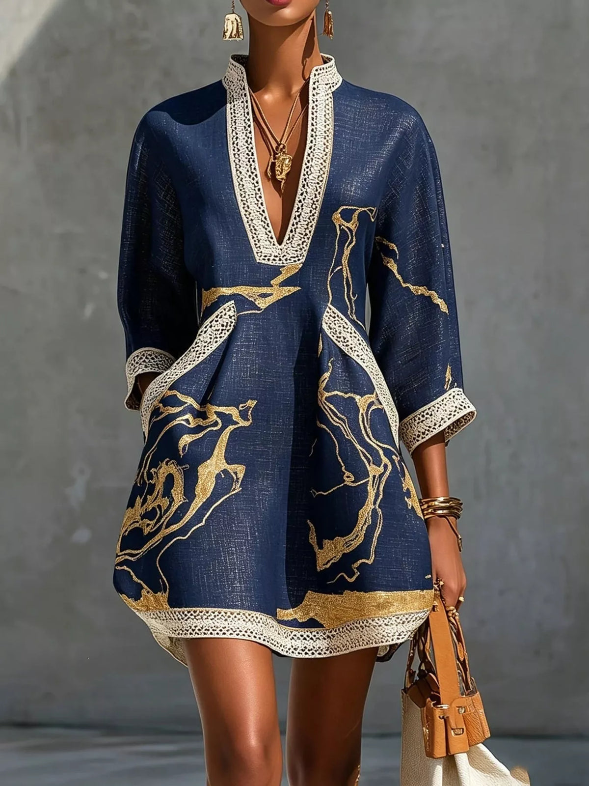 Notched 3/4 Sleeve Lace Mini Dress