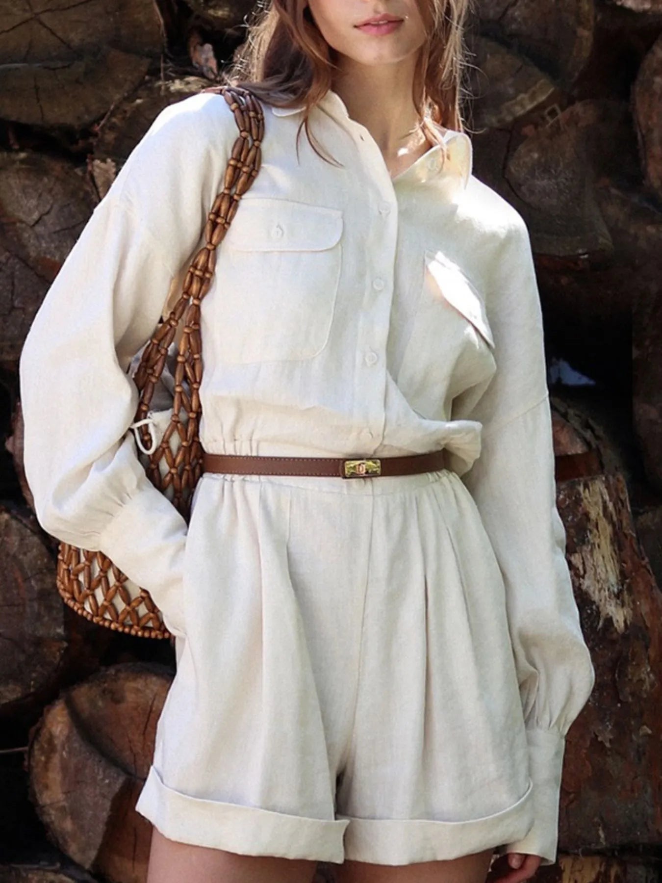 Button Front Long Sleeve Romper in Beige