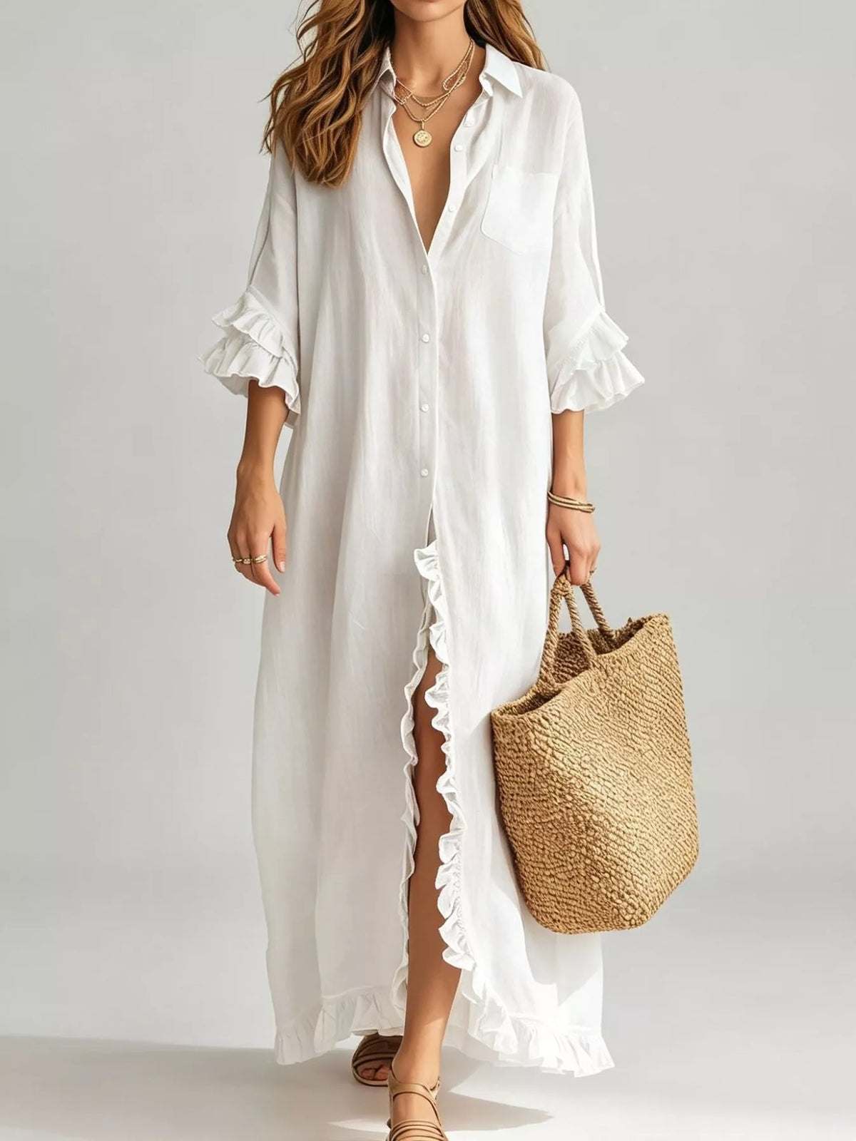 Ruffled Trim Button-Down Maxi Shirt Dress