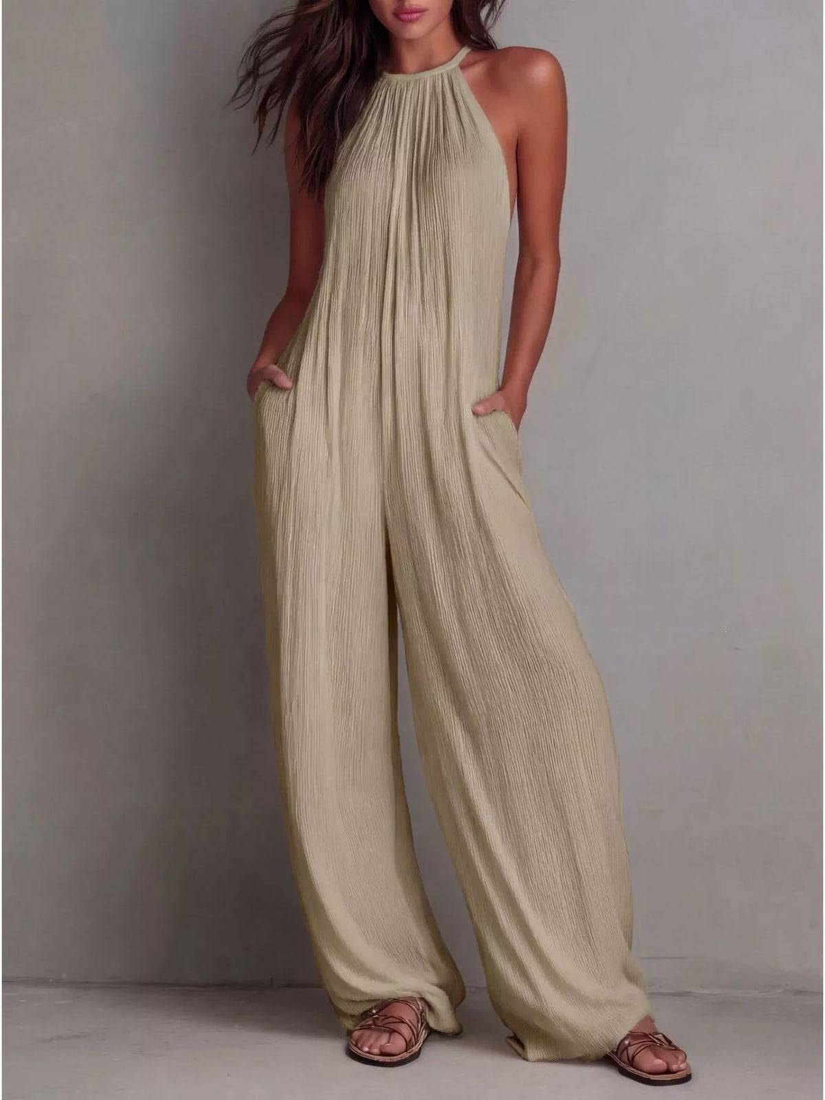 Sleeveless Zip-Front Wide Leg Jumpsuit