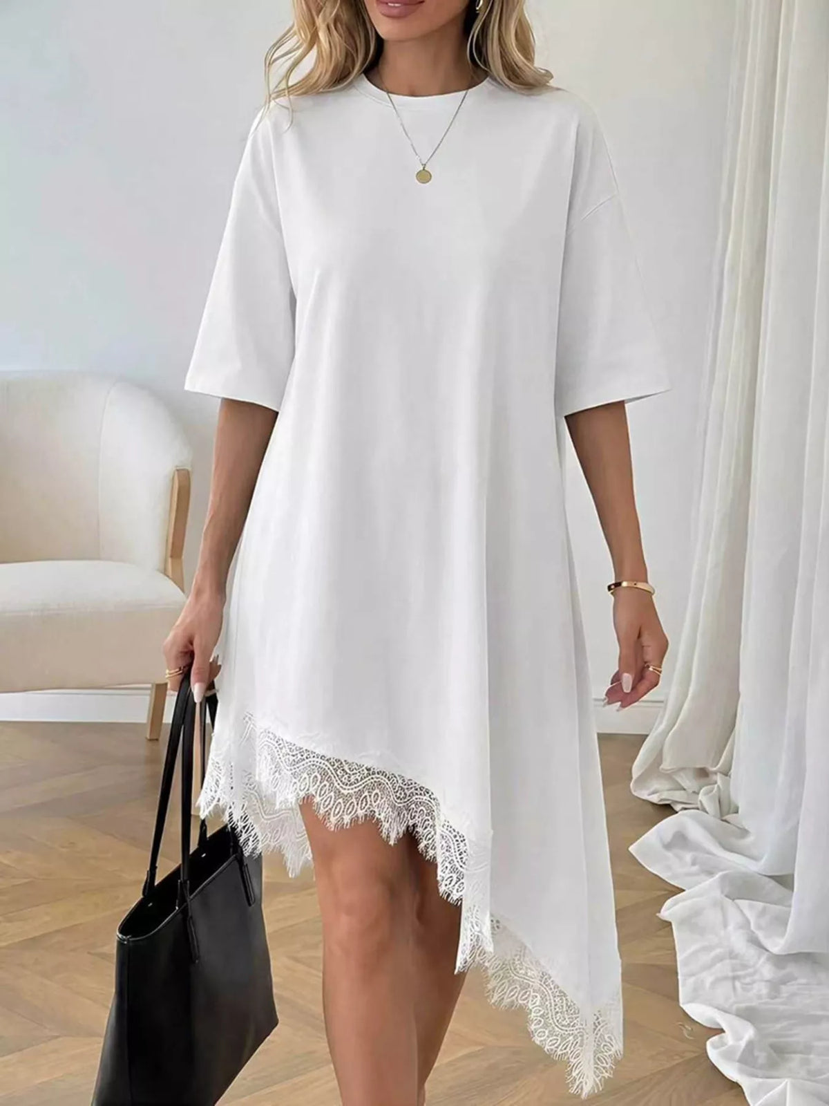 Asymmetrical Hem T-Shirt Dress with Lace Trim