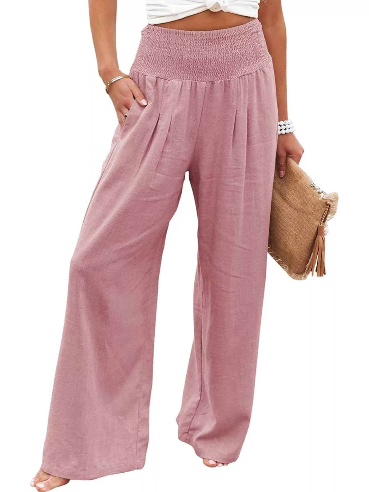 Smocked High-Waisted Wide Leg Pants