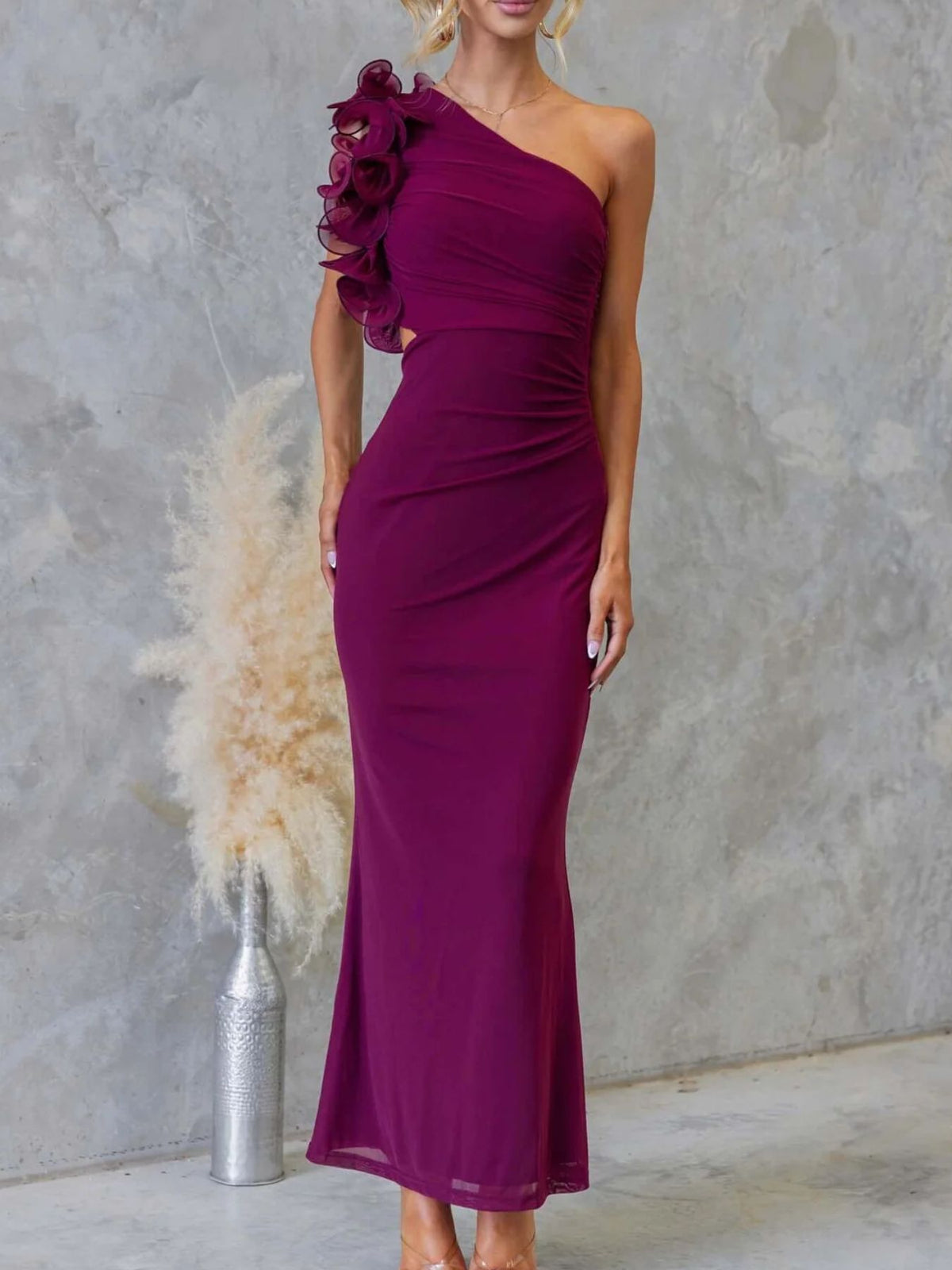 One-Shoulder Floral Trim Maxi Dress