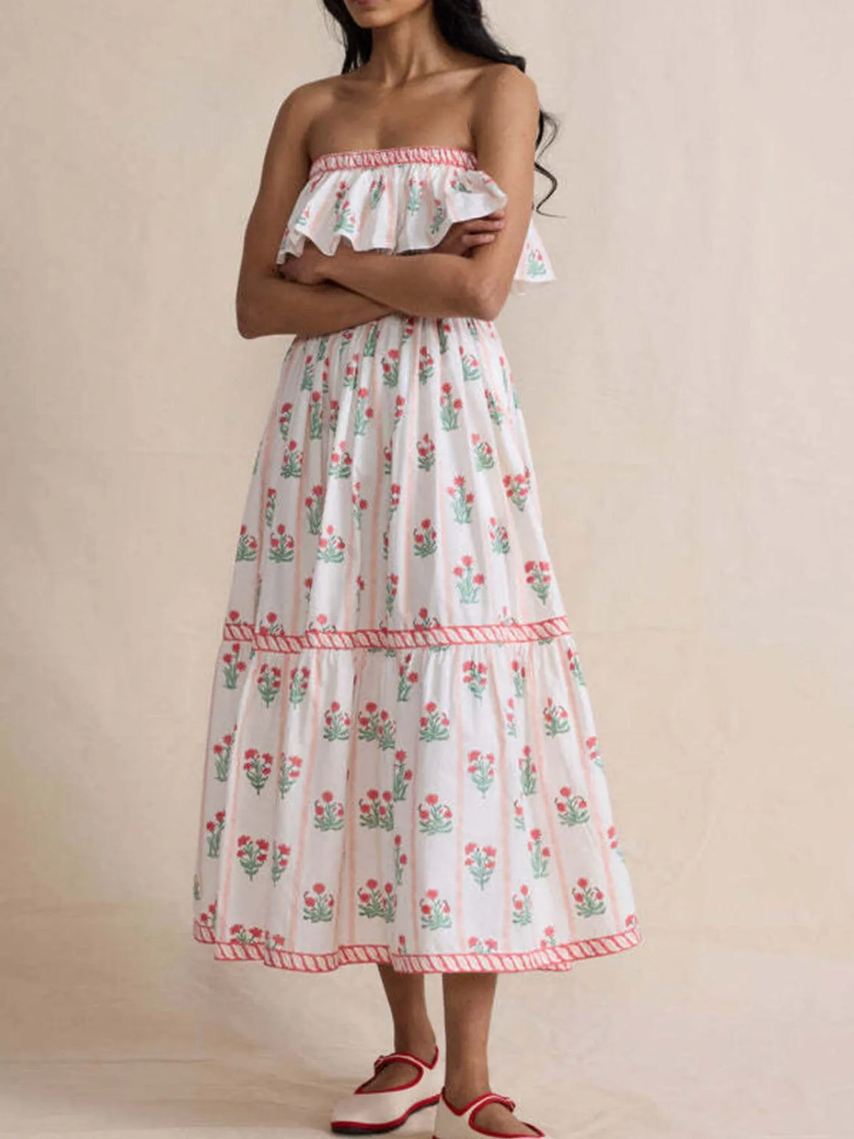 Floral Strapless Ruffle Dress in White
