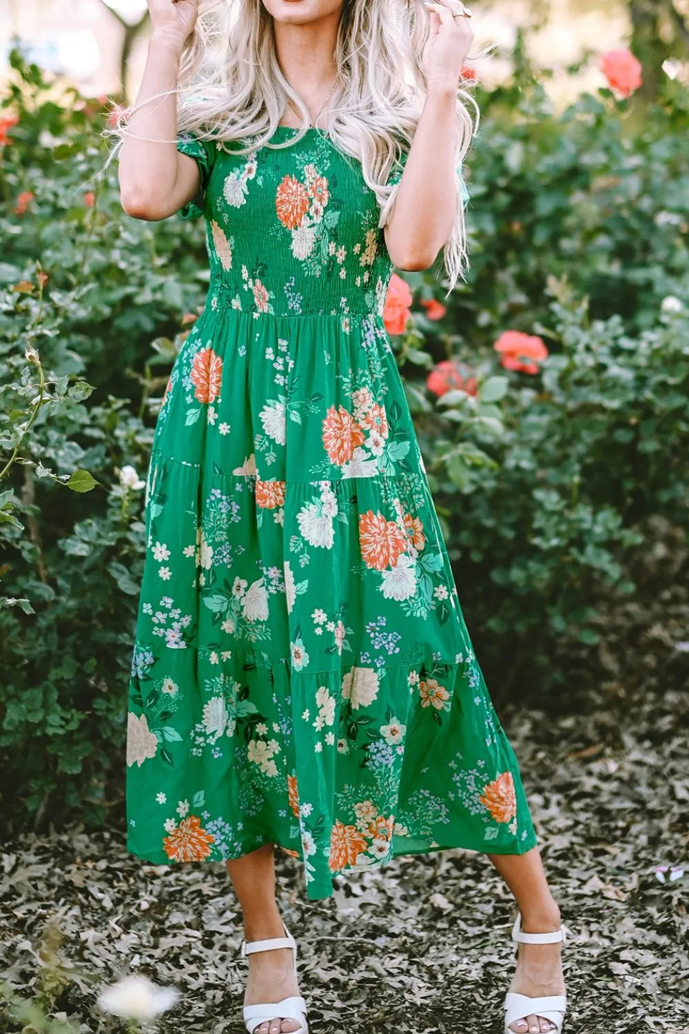 Floral Bubble Sleeve Midi Dress in Dark Green