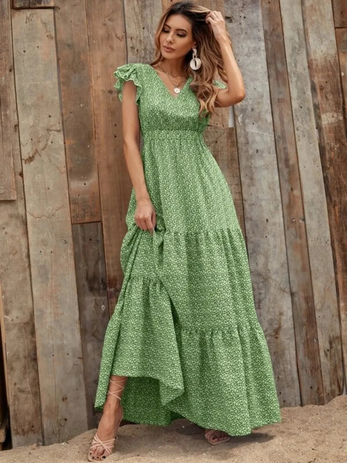 Ruffled Cap Sleeve V-Neck Maxi Dress