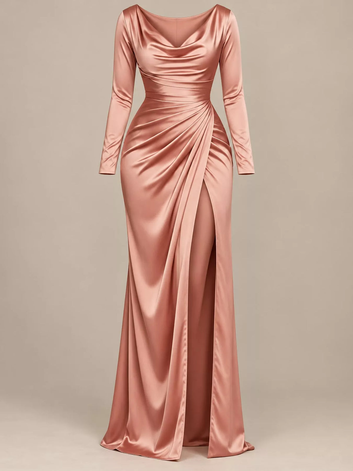Satin Cowl Neck High-Slit Evening Maxi Dress