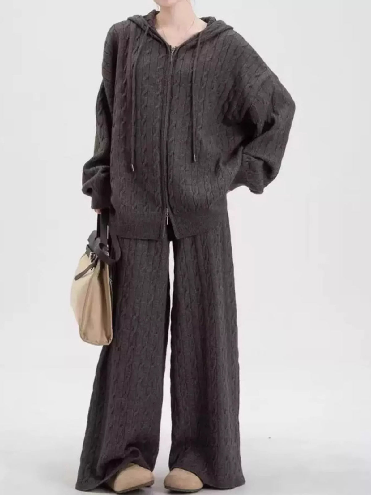 Cable Knit Zip-Up Hooded Cardigan and Wide-Leg Pants Set