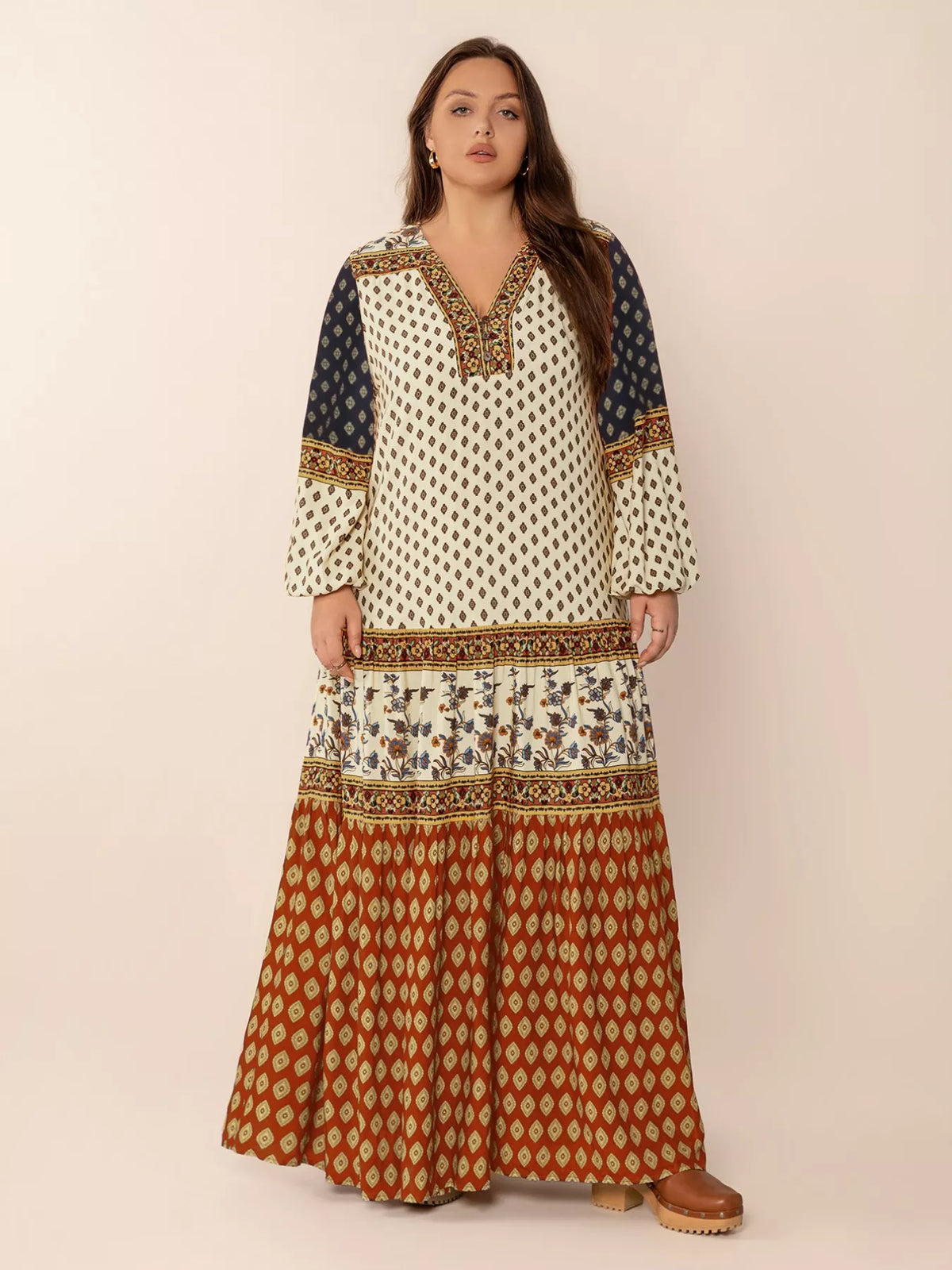 Notched Balloon-Sleeve Maxi Dress in Caramel