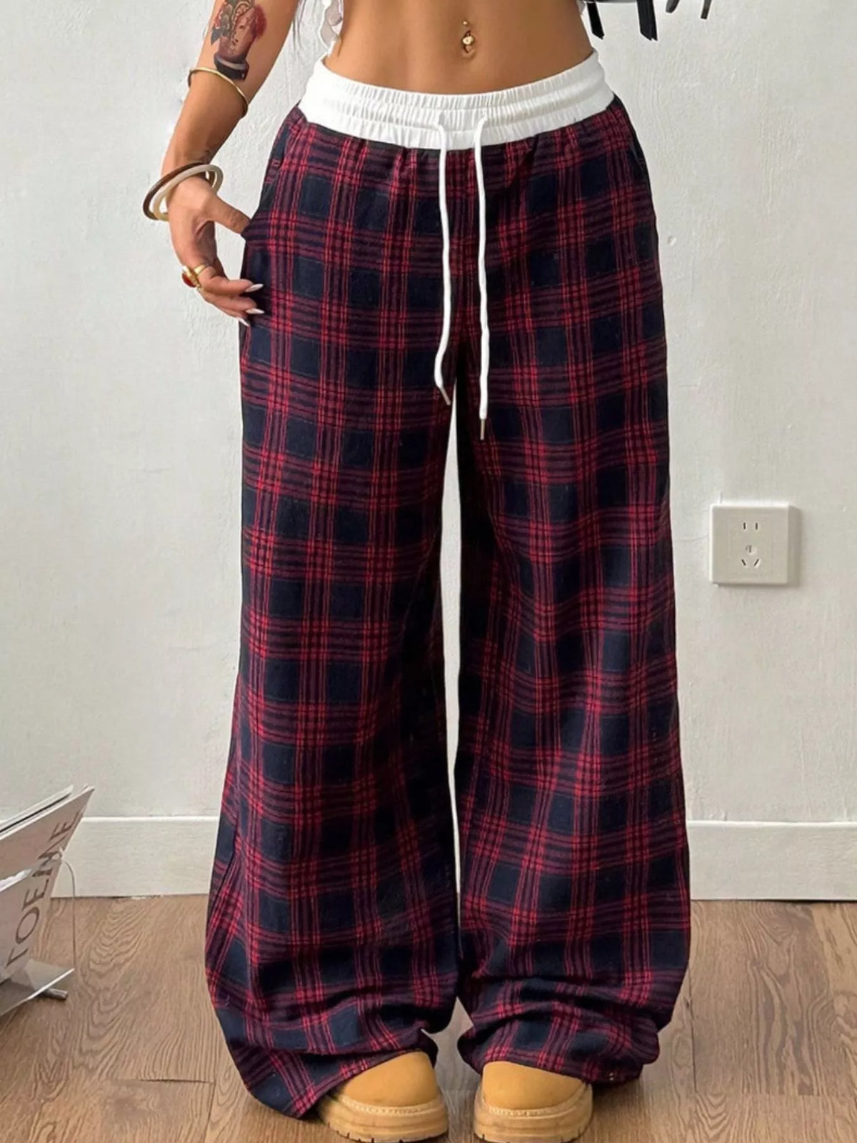 Plaid Drawstring Wide Leg Pants
