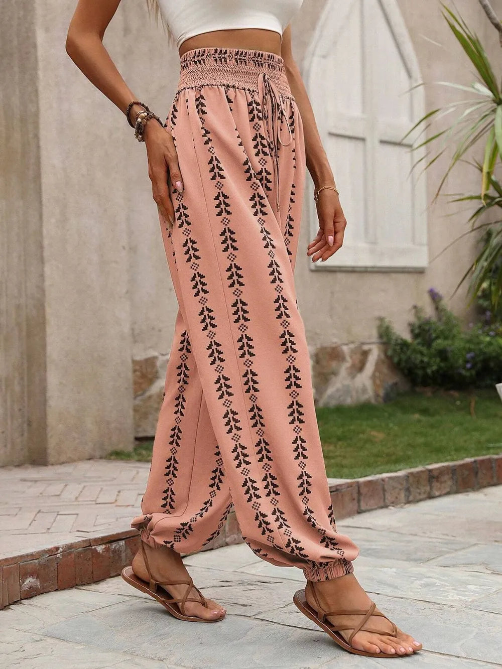 Tied Printed High-Waist Pants