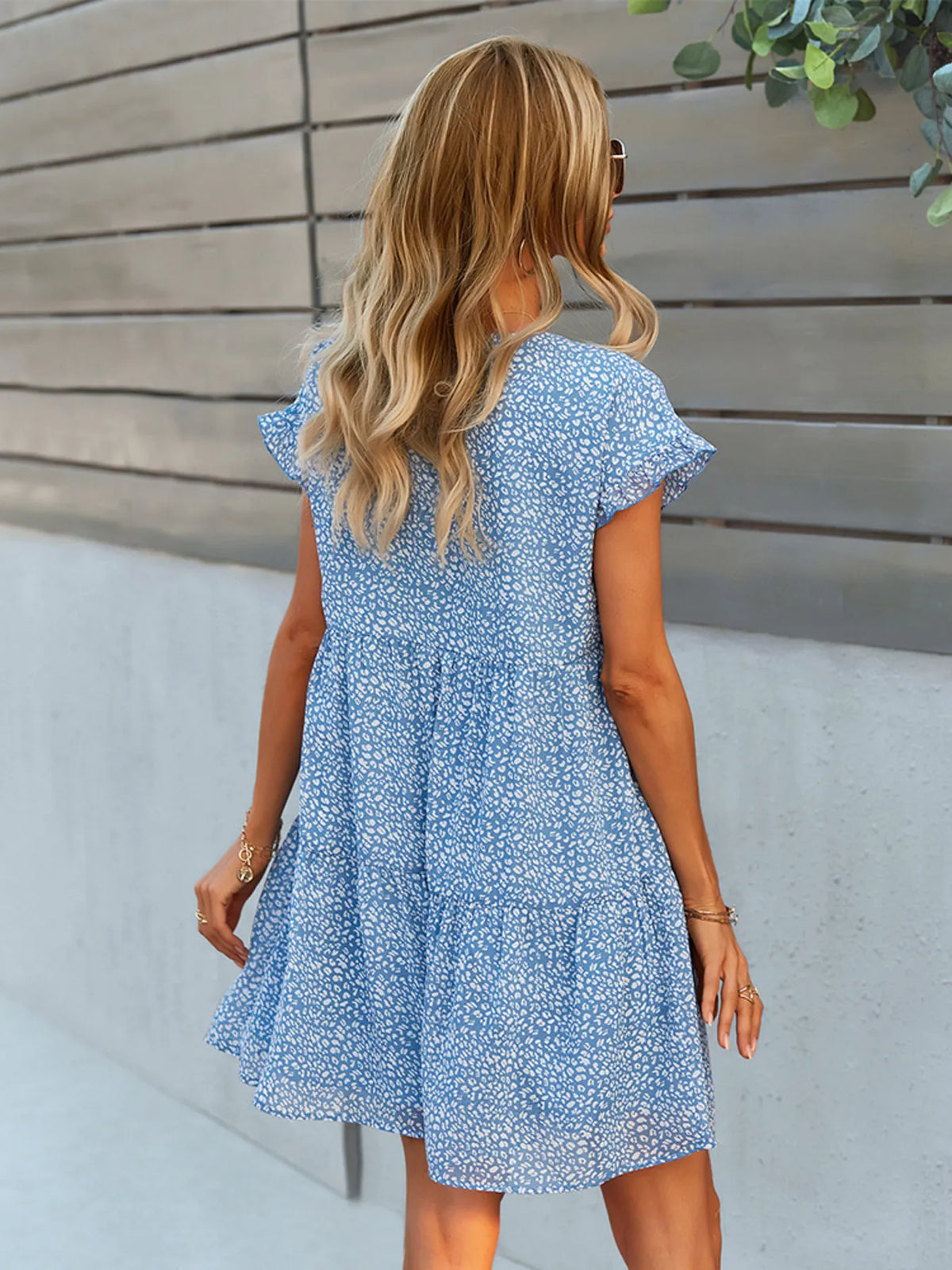 Floral V-Neck Tiered Ruffle Mini Dress by Elaine