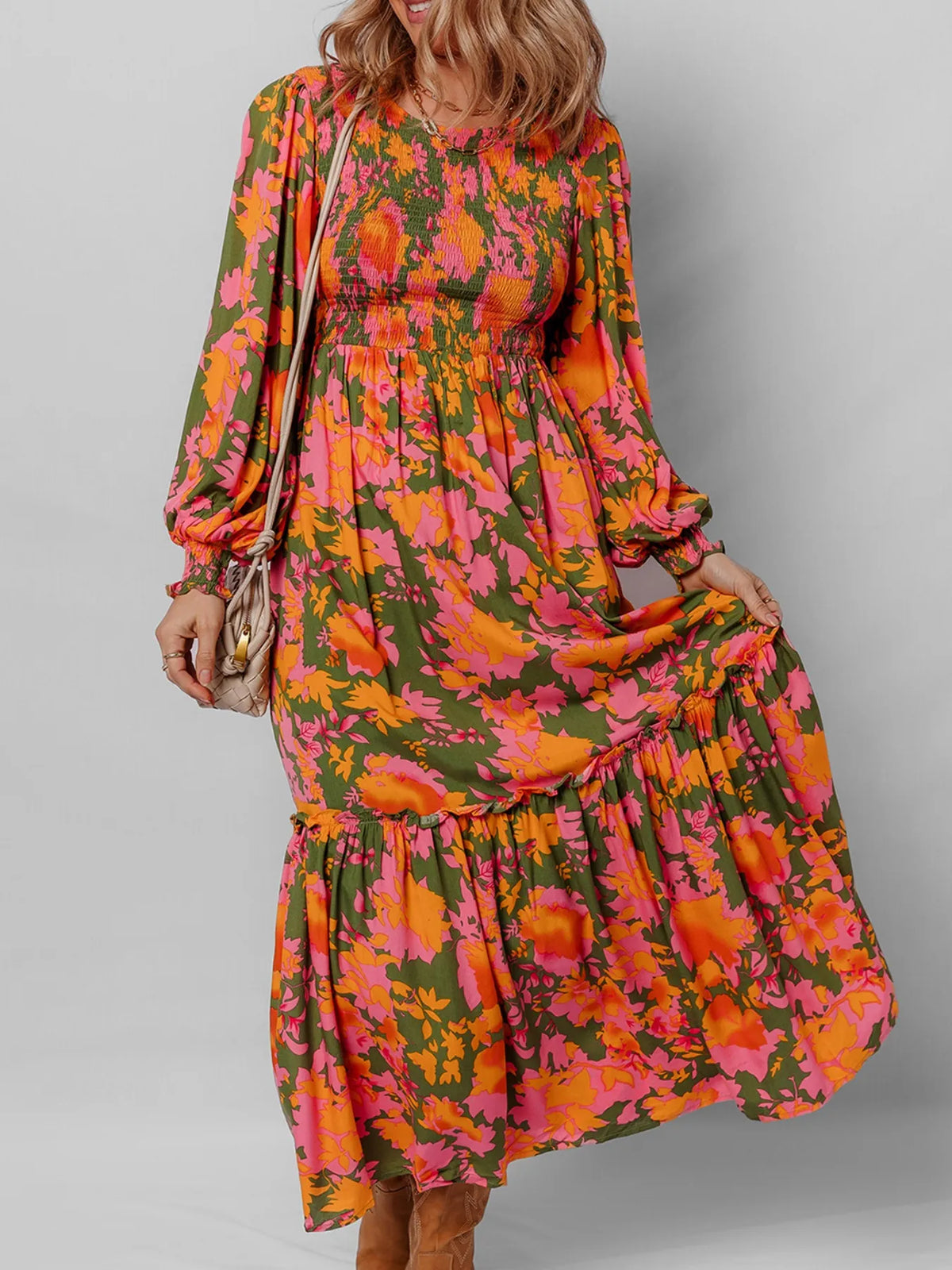 Smocked Floral Maxi Dress with Long Sleeves