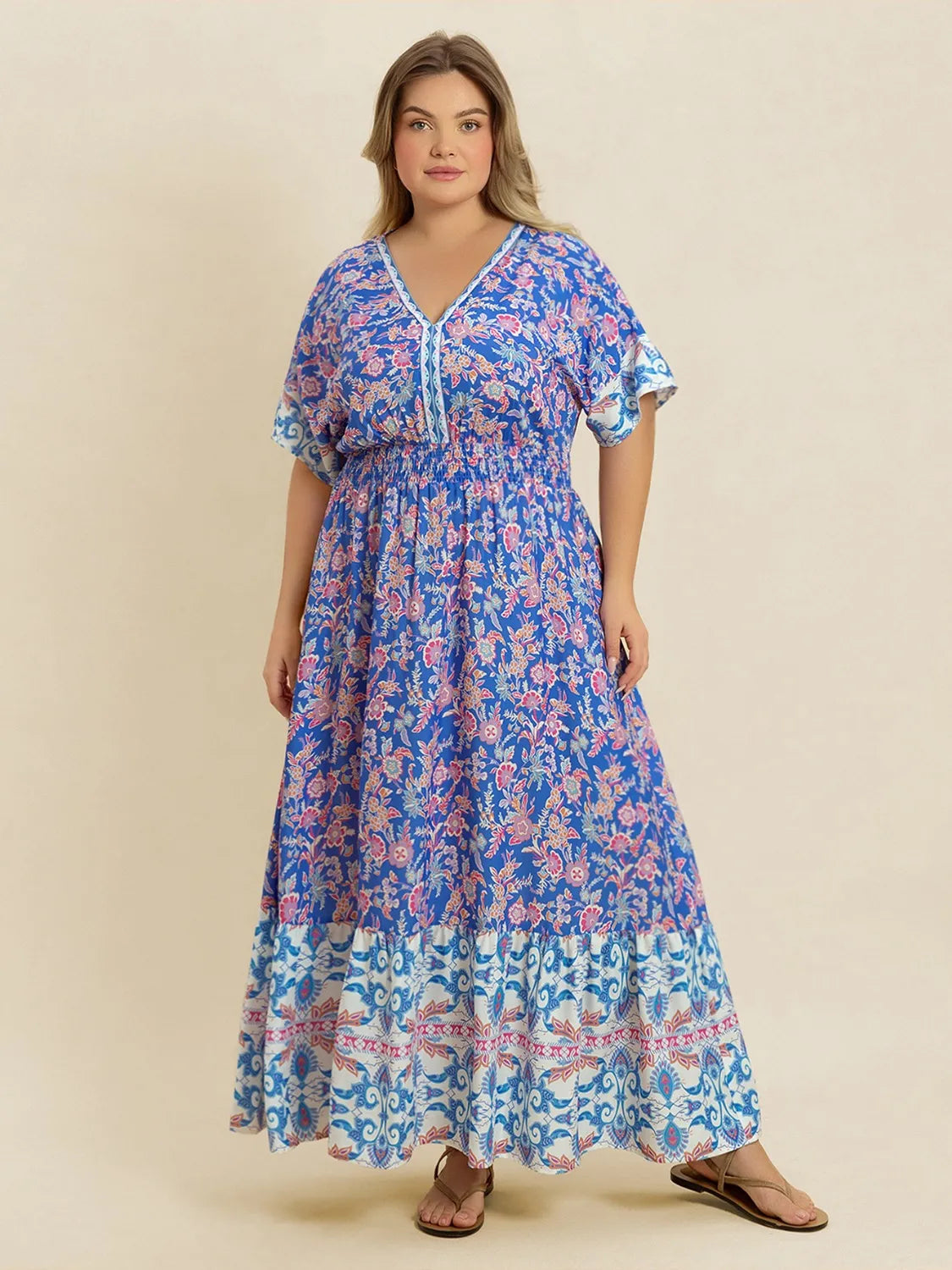 Smocked Printed Midi Dress in Blue Purple