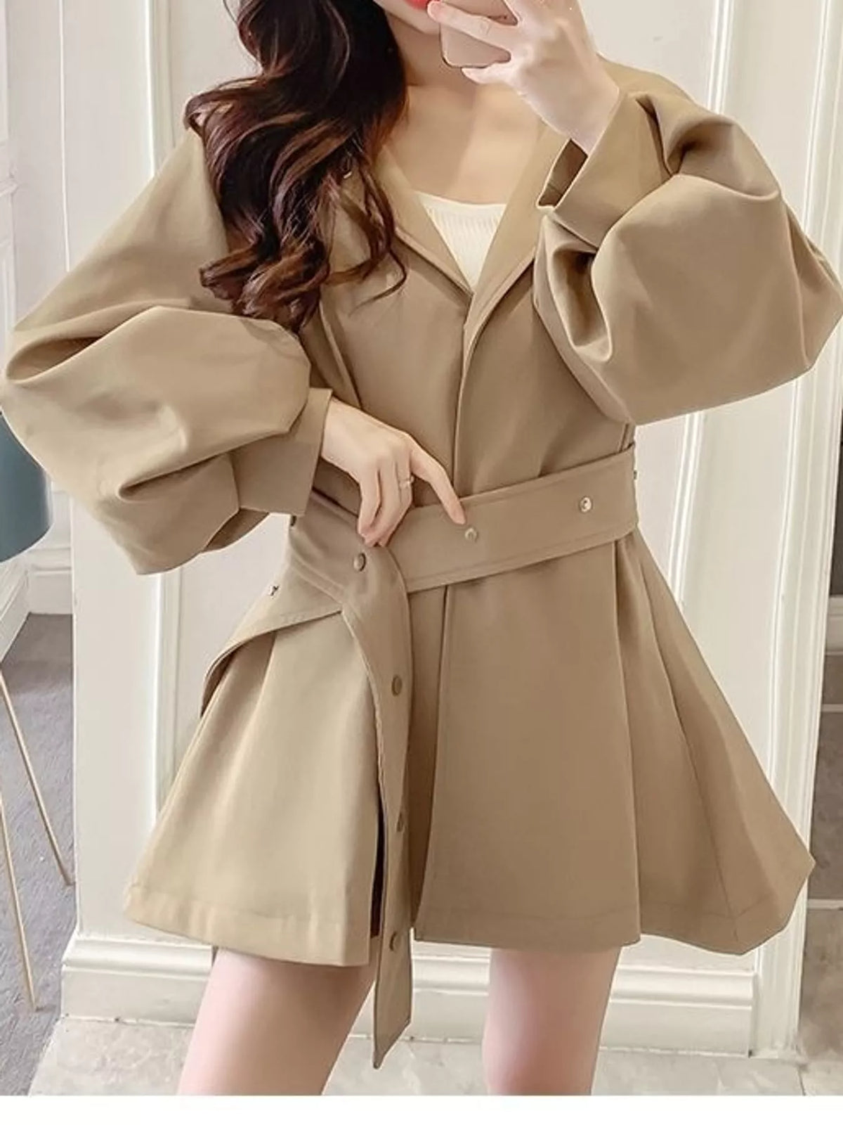 Lantern Sleeve Hooded Jacket with Belted Waist