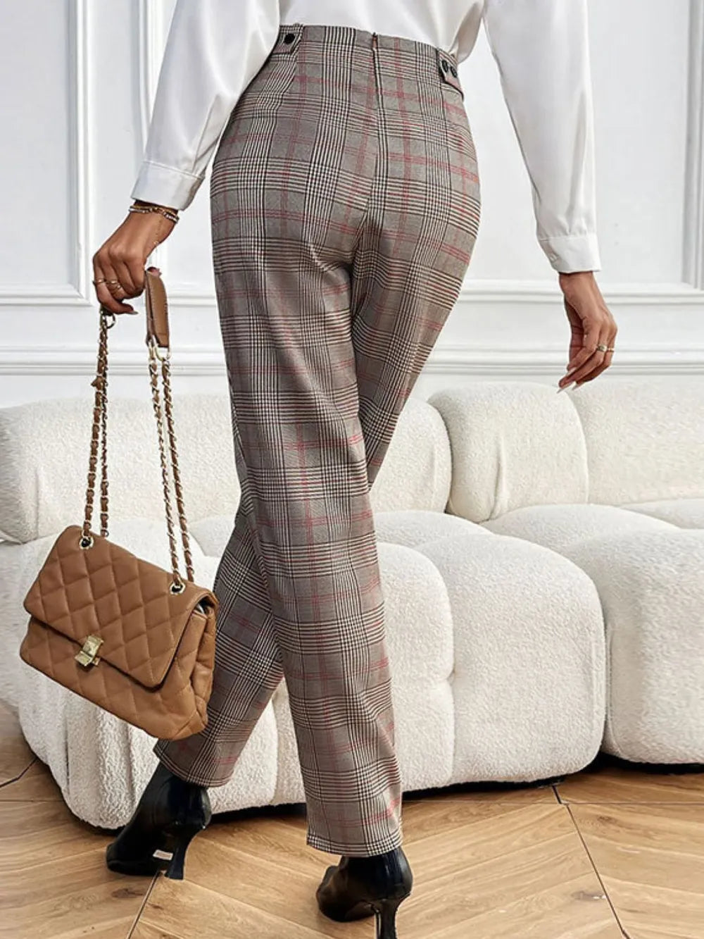 Plaid Straight Pants in Taupe