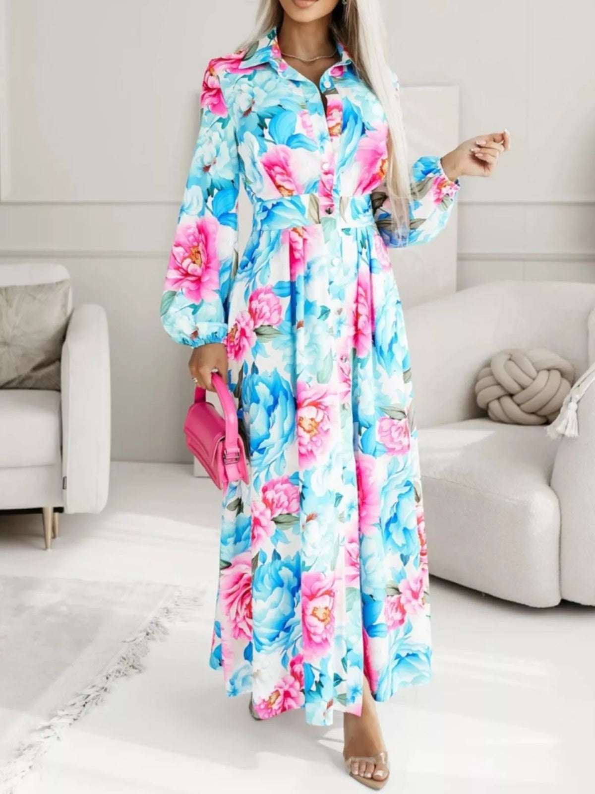 Long Sleeve Ruched Maxi Shirt Dress