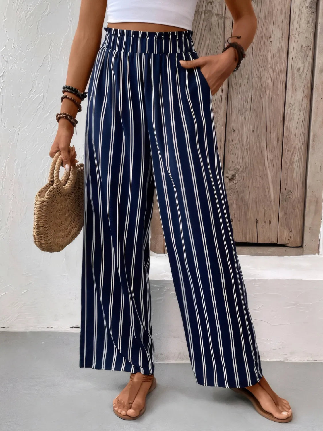 Striped Wide Leg Pants in Dark Navy