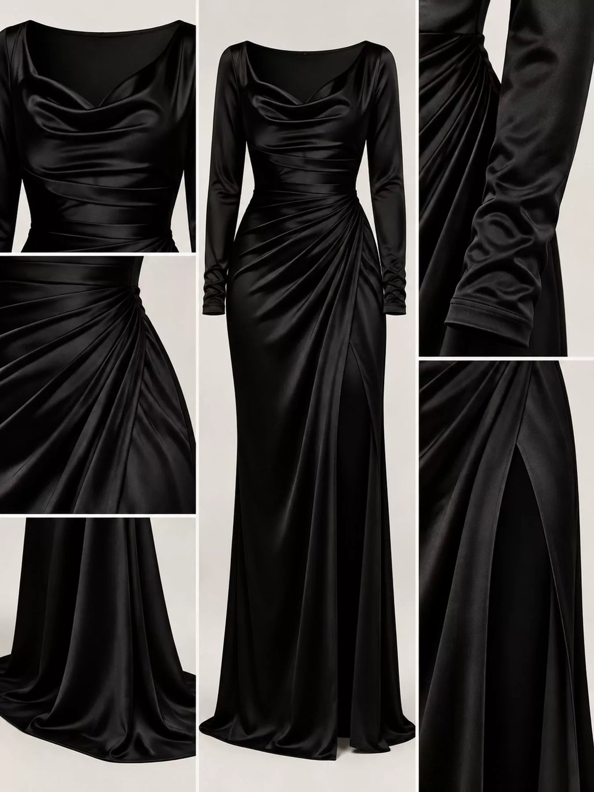 Satin Cowl Neck High Slit Evening Maxi Dress in Black