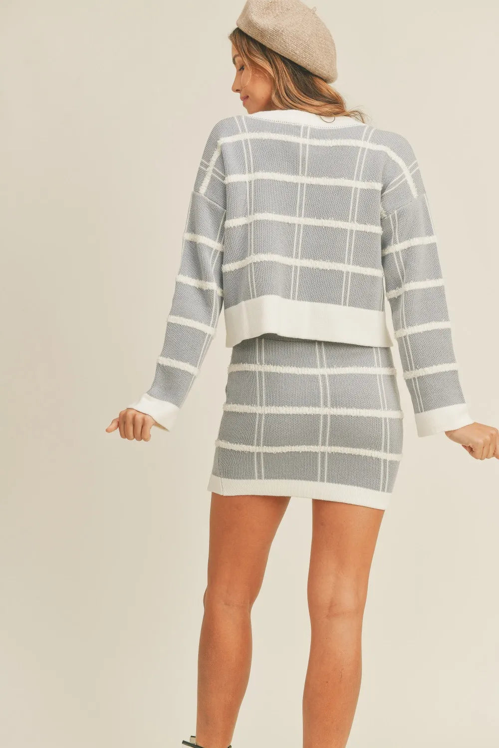 Plaid Button-Down Cardigan & Mini Skirt Set in Dusty Blue