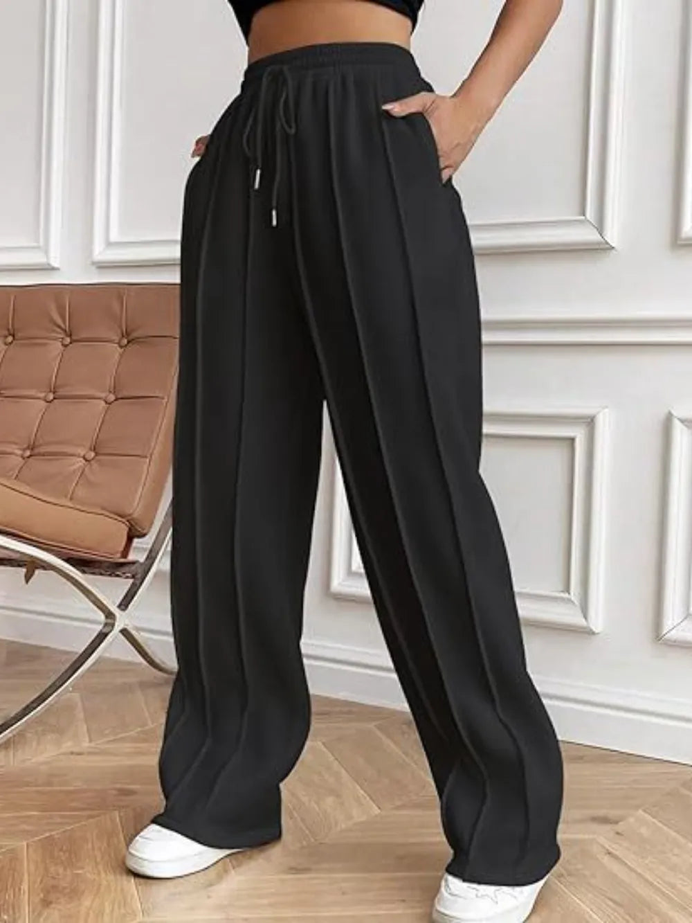 Drawstring Wide Leg Pants with Pockets by K&L