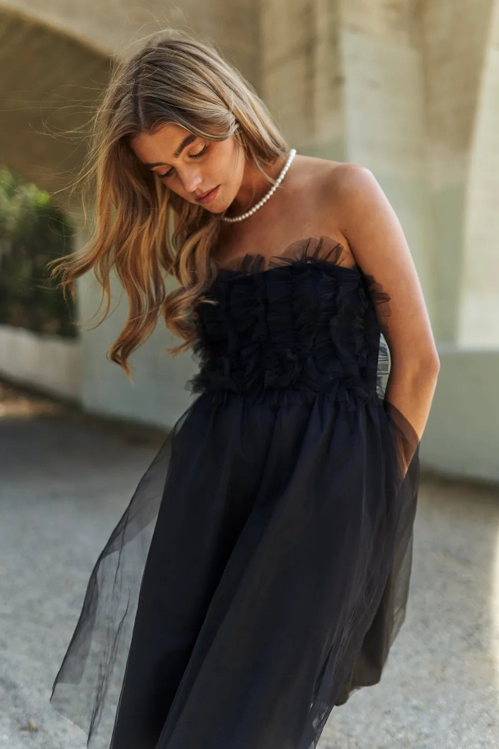 Mesh Ruffle Tube Top Swing Dress in Black by J.NNA