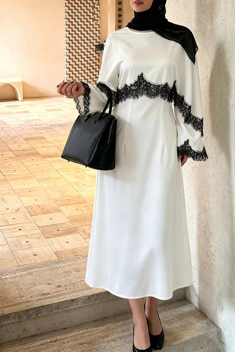 Lace Trim Round Neck Midi Dress in White