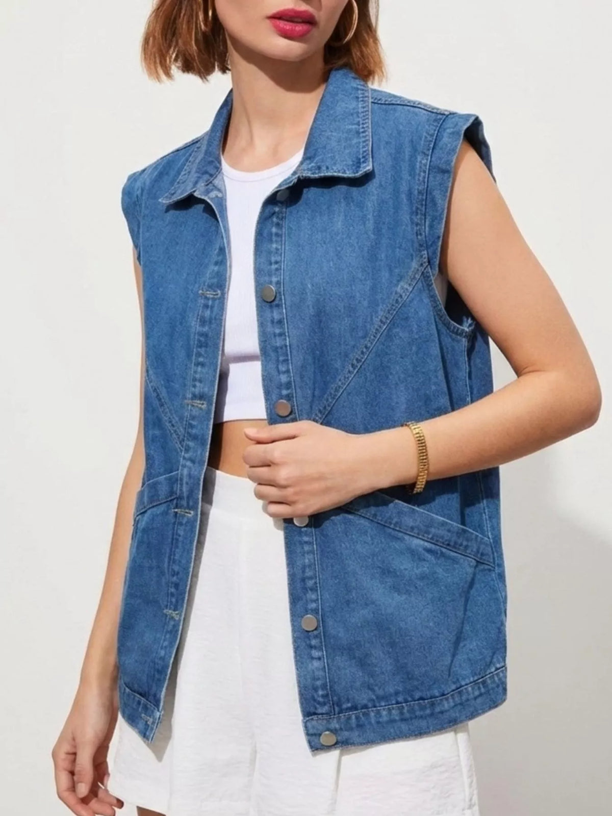 Button-Front Denim Vest in Blue