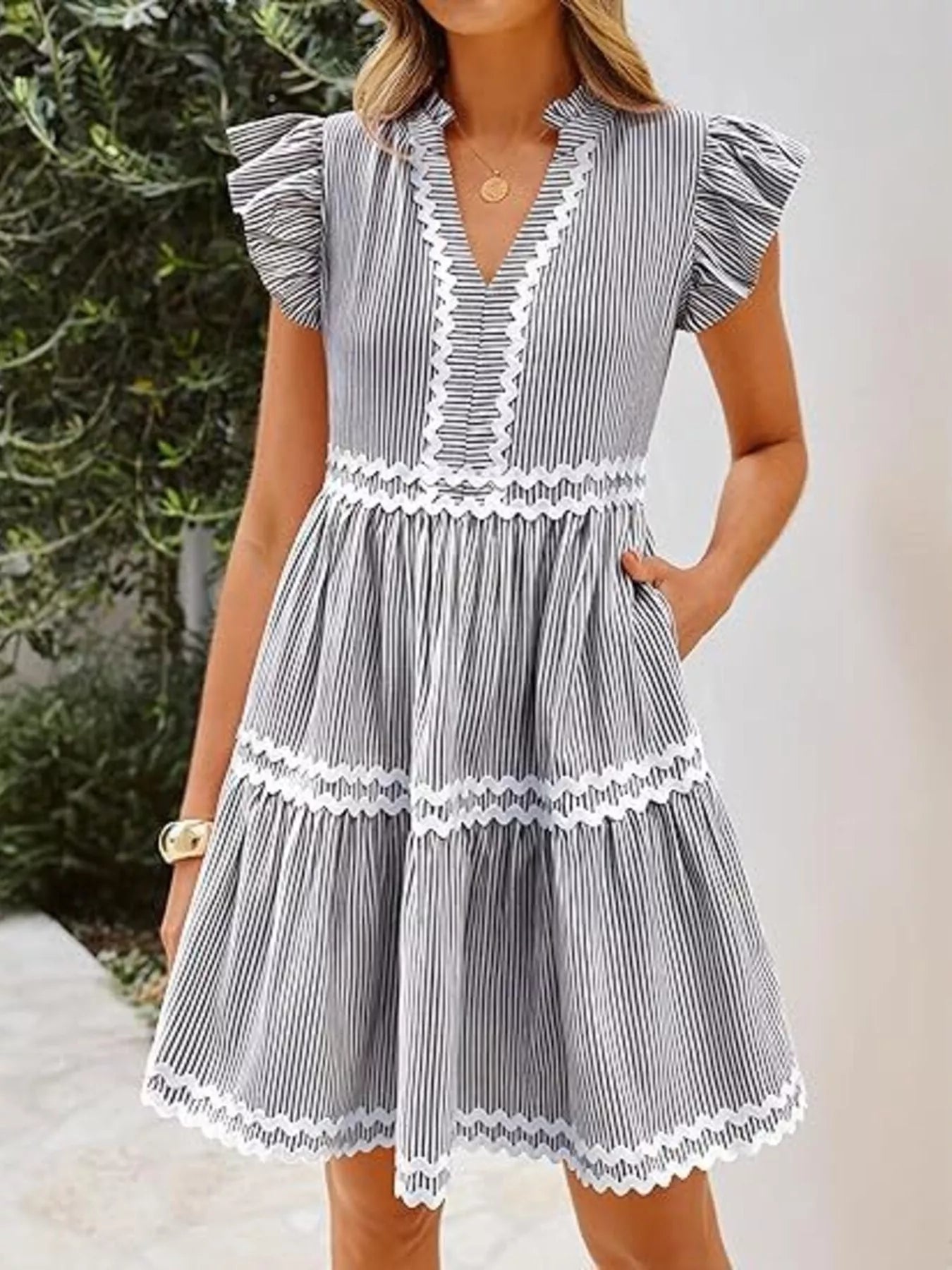 Striped Tiered Dress with Ruffle Sleeves