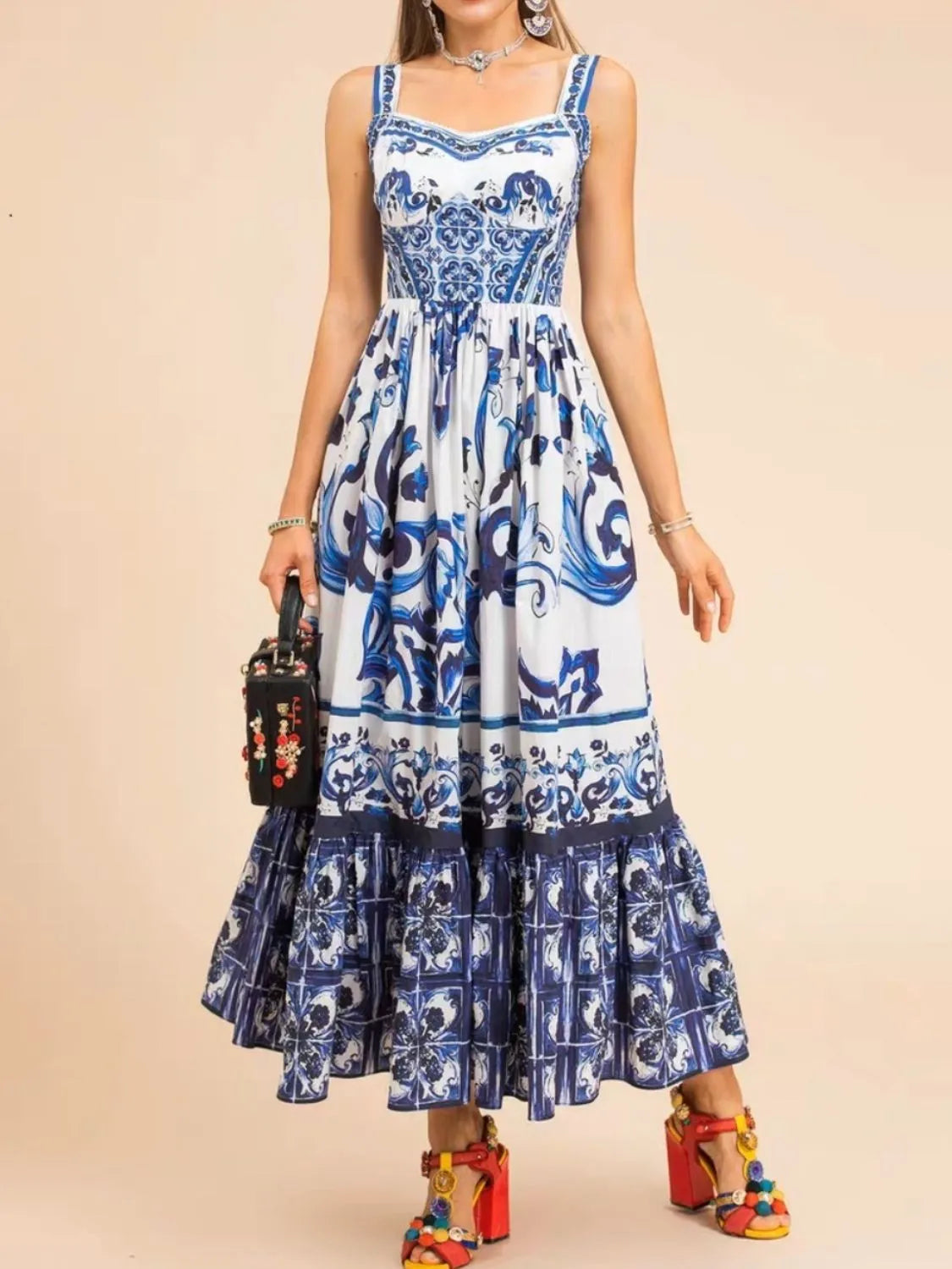 Smocked Ruched Wide-Strap Dress