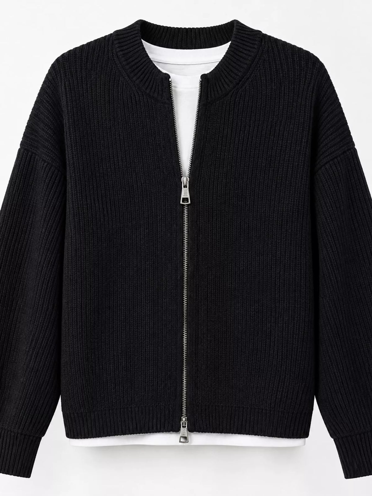 Zip-Up Dropped Shoulder Ribbed Cardigan