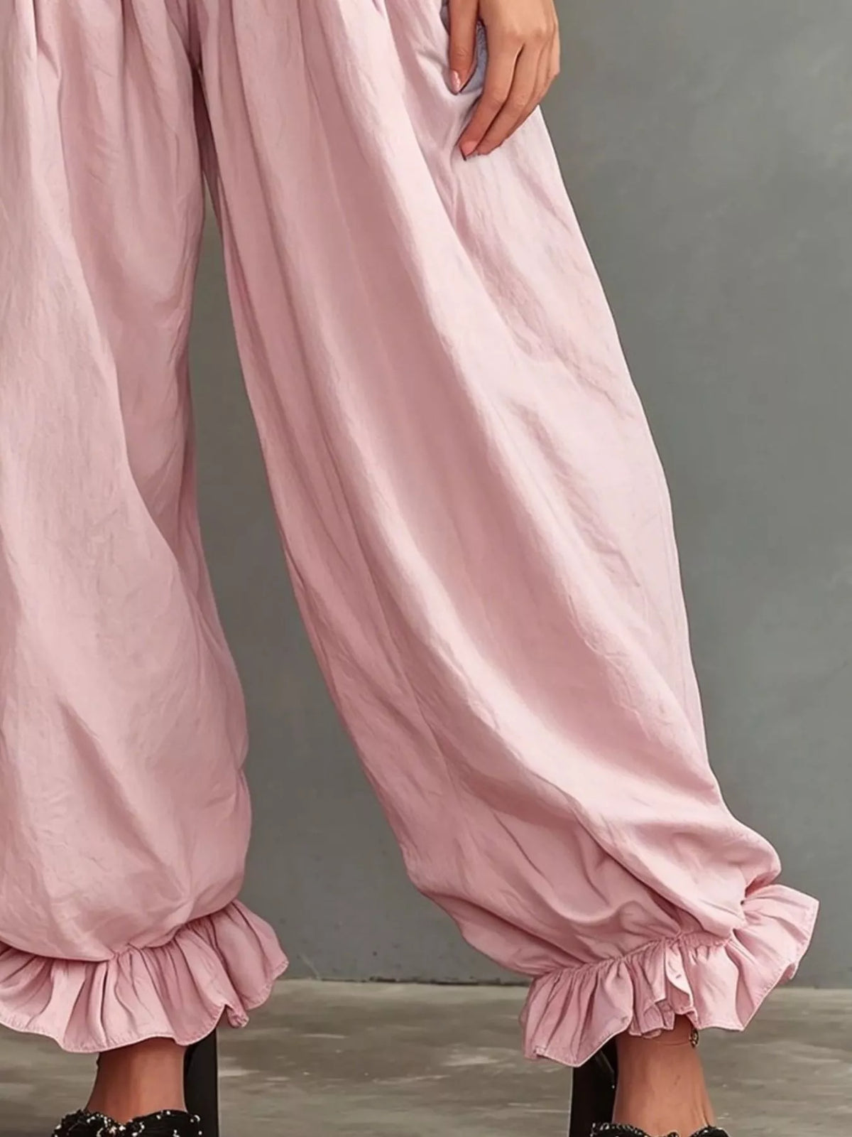 Smocked Ruffle Hem Wide Leg Pants