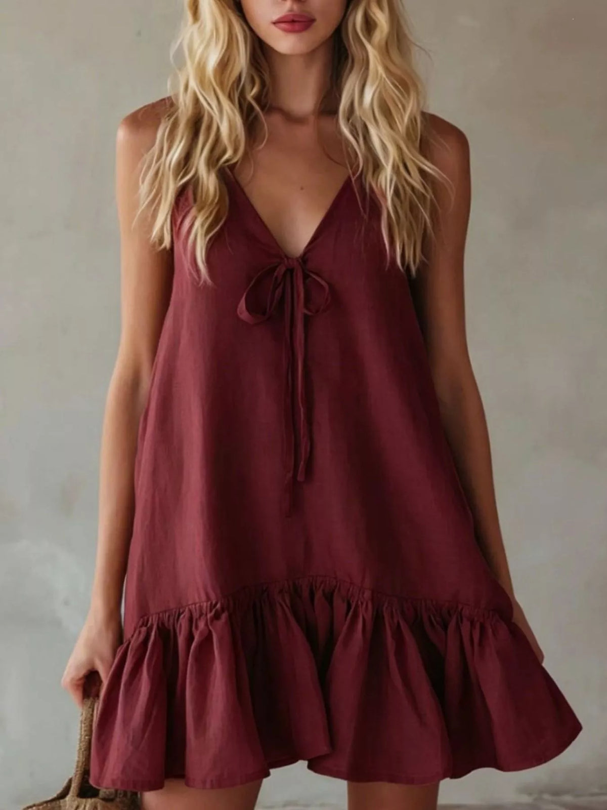 Tie-Front Ruffle Hem Mini Dress in Turmeric